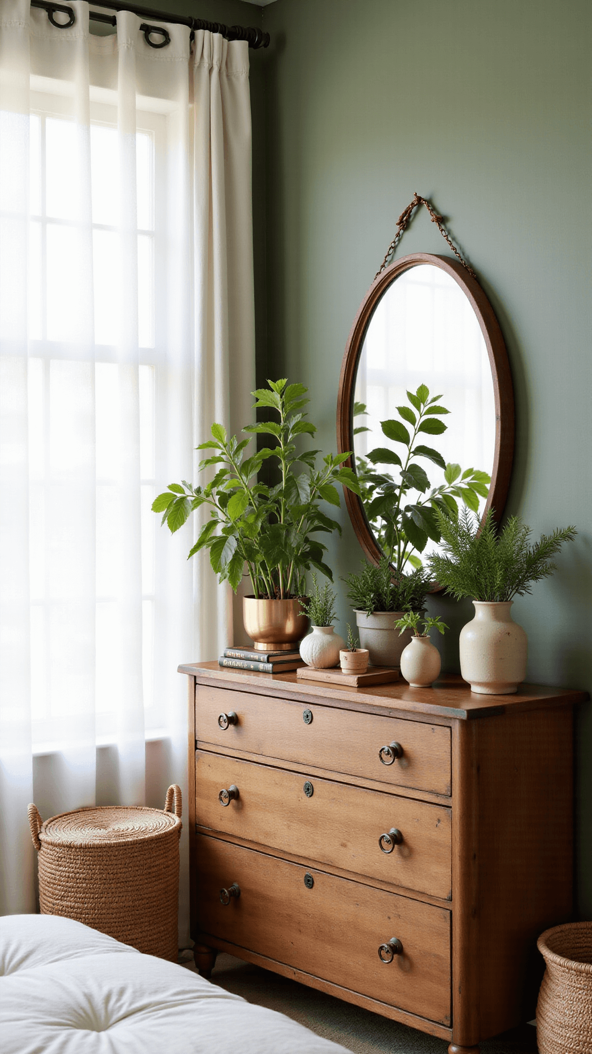 A cozy 12x12ft bedroom corner bathed in early morning light filtering through sheer curtains, featuring a weathered wooden dresser with brass mirror, a collection of propagated plants in ceramic pots of varying heights against a sage green accent wall, and an asymmetric arrangement of woven baskets, styled with vintage books and dried pampas grass.