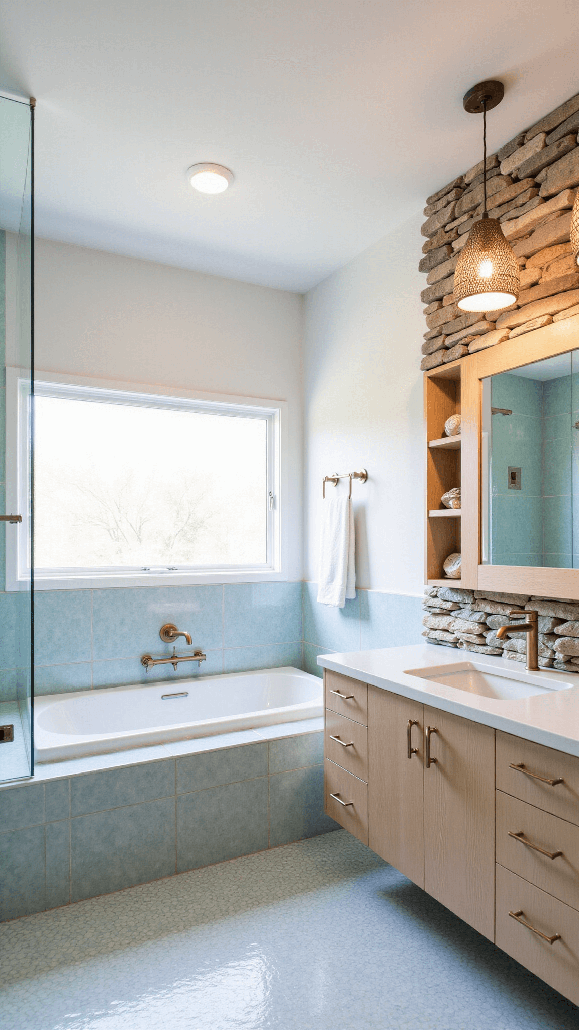 Primary bathroom featuring a soaking tub under a frosted window, blue geometric cement tiles, bleached oak vanity with brass fixtures, and a stacked stone accent wall with shell and coral niches.