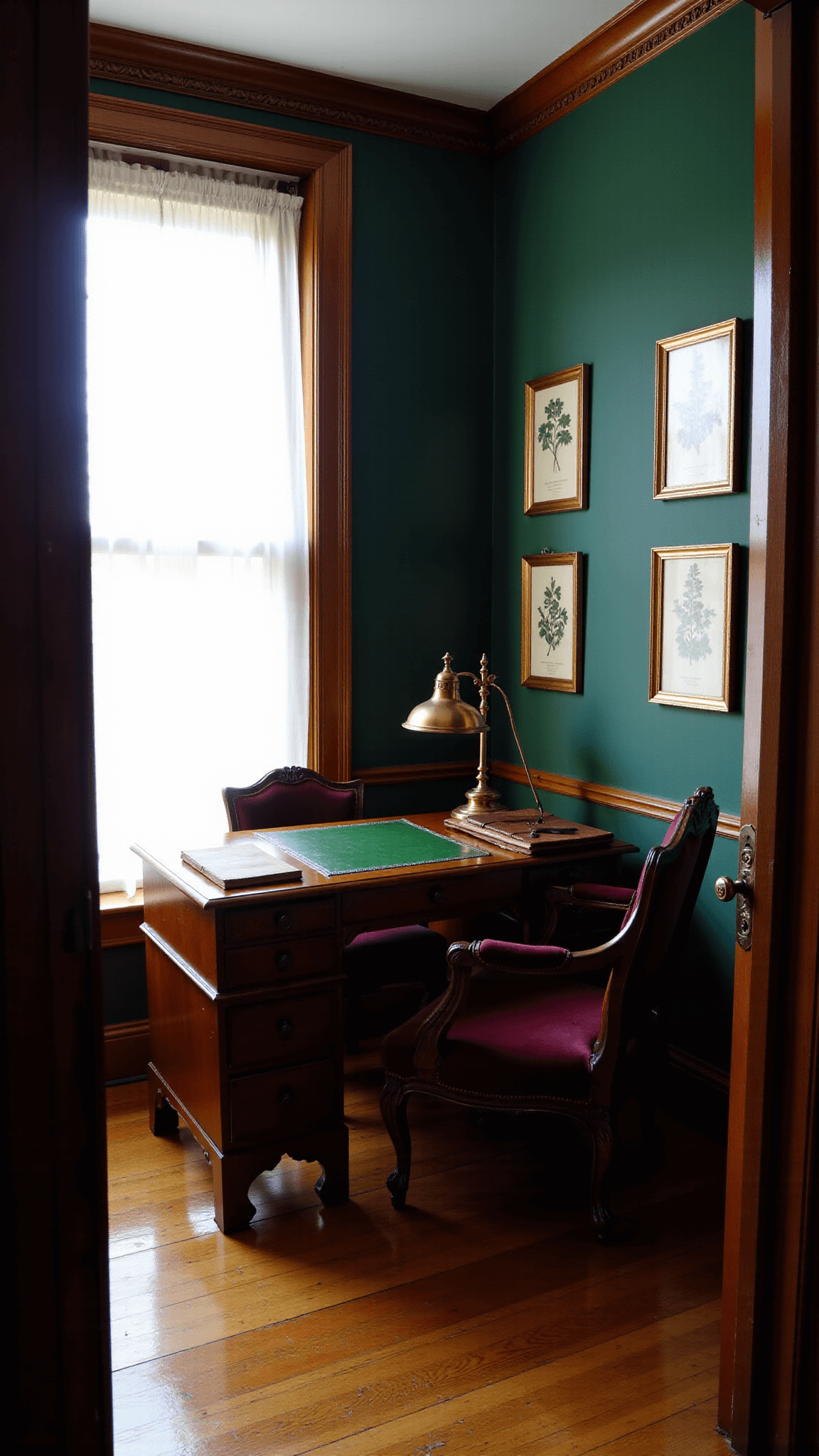 Vintage Victorian study nook with heavy desk, botanical prints, and sheer curtains casting morning shadows.