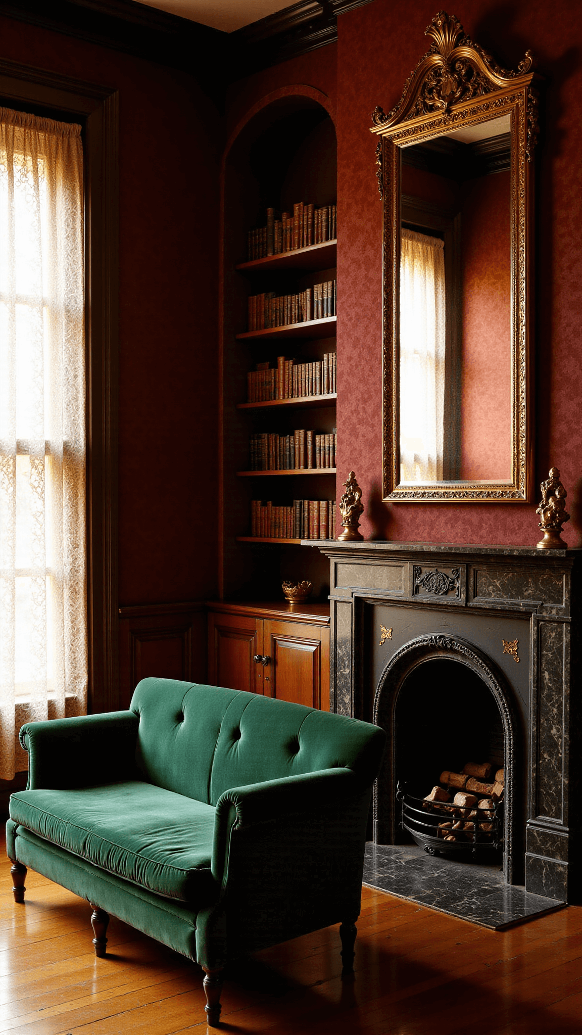 Victorian parlor-turned-library with golden hour lighting, green velvet settee, brass étagères with books, marble fireplace with ornate mirror, dark wood wainscoting and burgundy wallpaper, captured from fireplace corner.