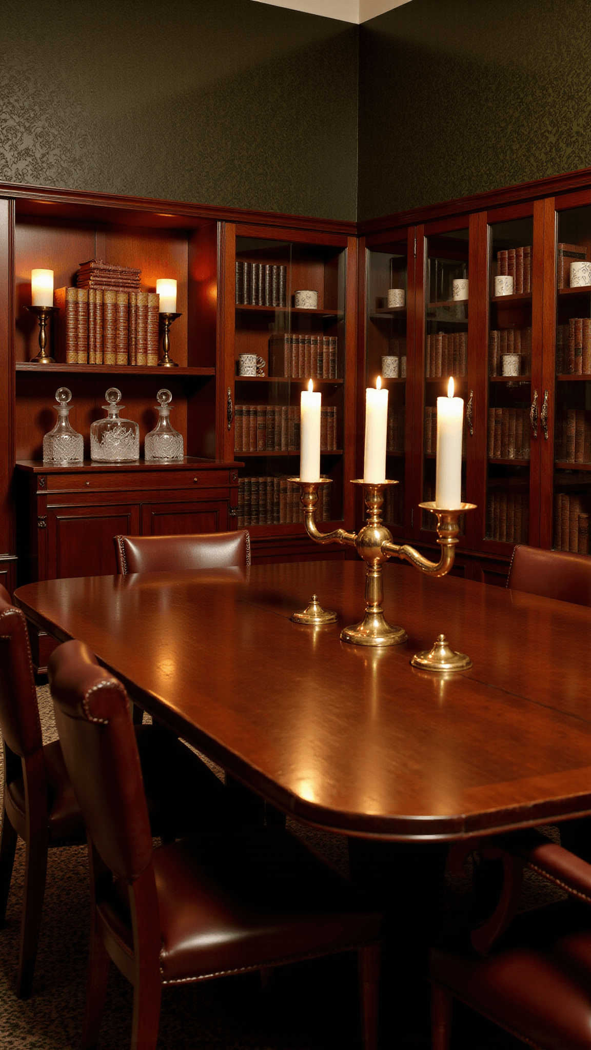 Antique-inspired dining room with a heavy wooden table, leather-backed chairs, brass candelabras, glass-fronted bookcases filled with leather-bound books and crystal decanters on a mahogany sideboard. Candlelight reflects off the dark green damask wallpaper and wood paneling, creating a warm, intimate atmosphere.