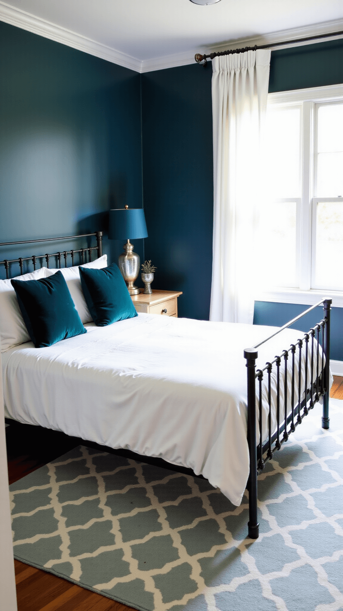 Transitional 12x14ft bedroom with dark teal walls, white trim, metal canopy bed with teal velvet euro shams flanked by bleached oak nightstands with mercury glass lamps, complemented by a teal and cream geometric area rug.