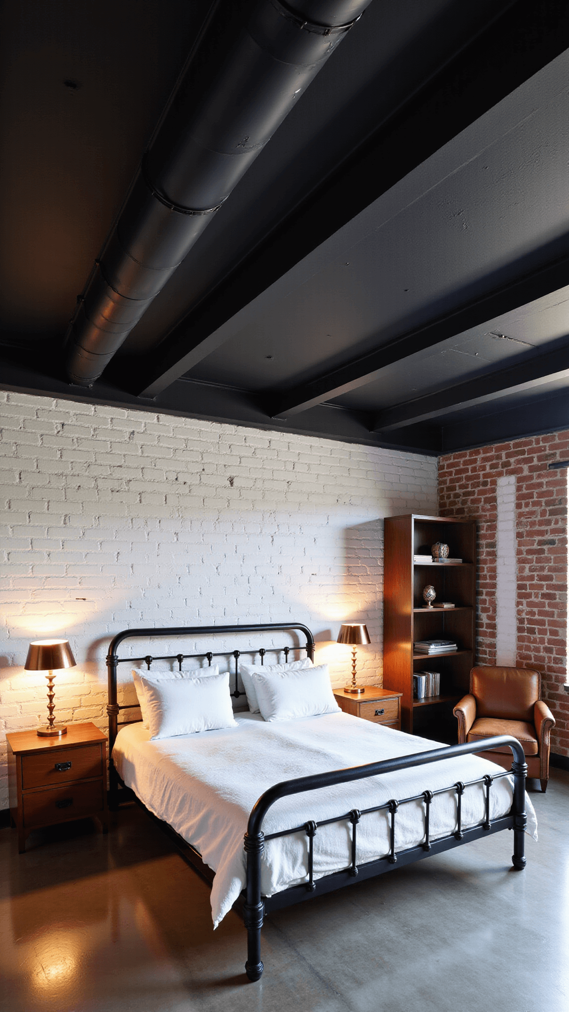 Spacious 14x16ft urban loft bedroom at twilight with raw concrete ceiling, exposed black ducts, a queen-size bed against a whitewashed brick wall, vintage leather armchair, and industrial bookcase, illuminated by warm light from copper floor lamps.