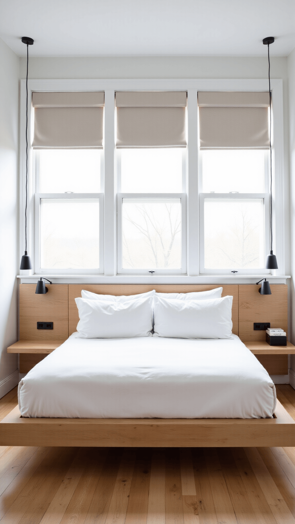 Minimalist 12x15ft bedroom with white oak platform bed, floating nightstands, floor-to-ceiling windows with linen shades, pendant lights, and mix of brushed oak, Belgian linen, and wool textures in warm white and wood tones.