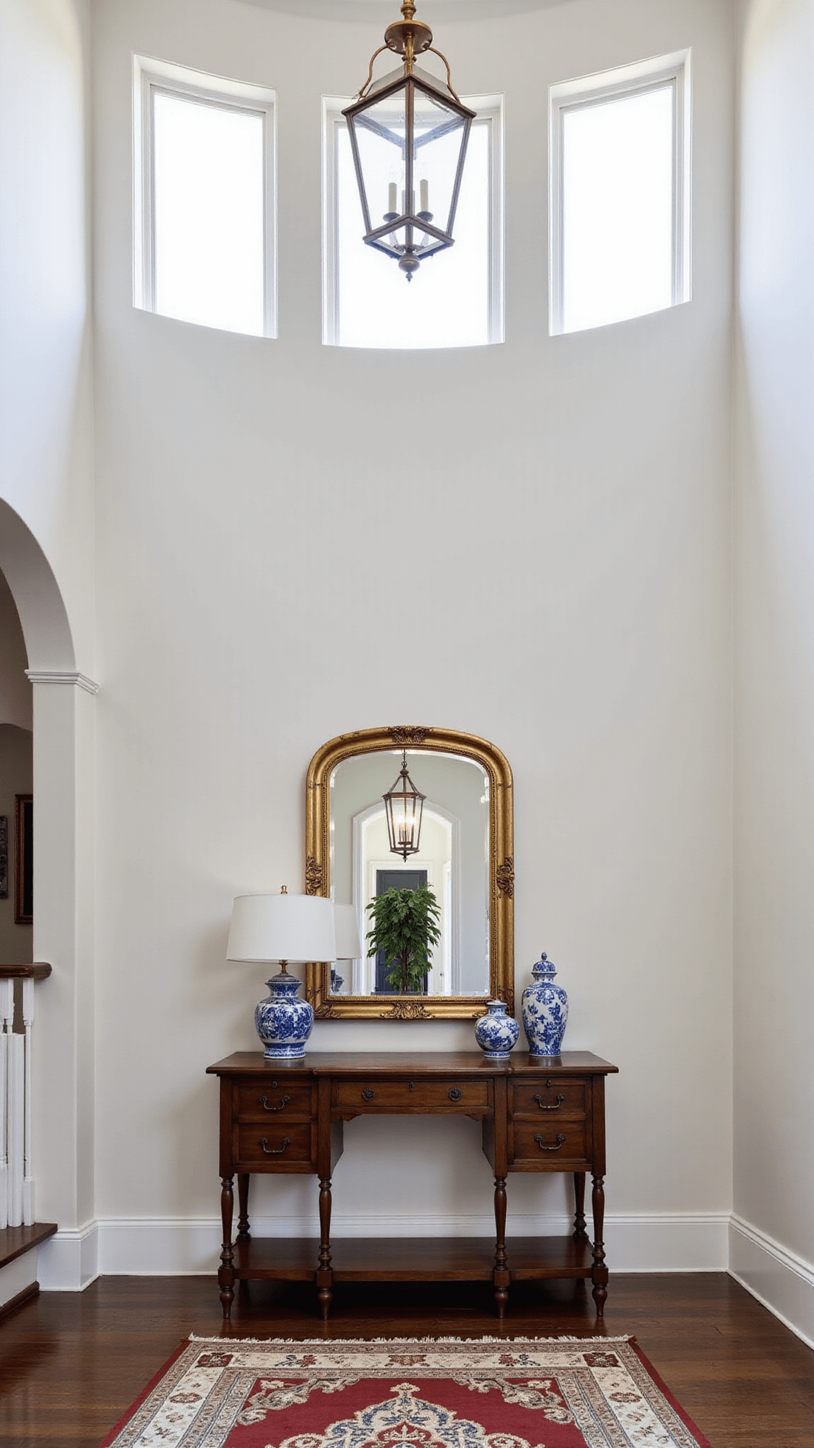 Double-height entry foyer with curved staircase, dark walnut console table styled with blue and white chinoiserie and vintage brass mirror above, Moroccan geometric runner, oversized lantern pendant, shot from the second floor landing.