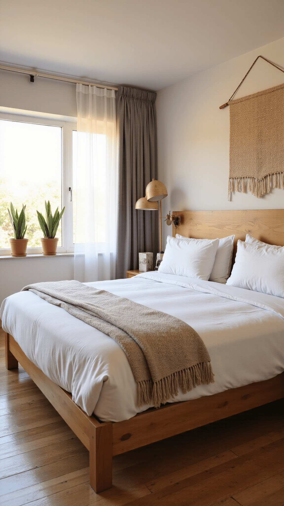 Master bedroom at sunset featuring an oak platform bed with white linen bedding, textured throws, paper shaded pendant lights, sheer curtains, a handwoven wall hanging, and potted snake plants near the window.