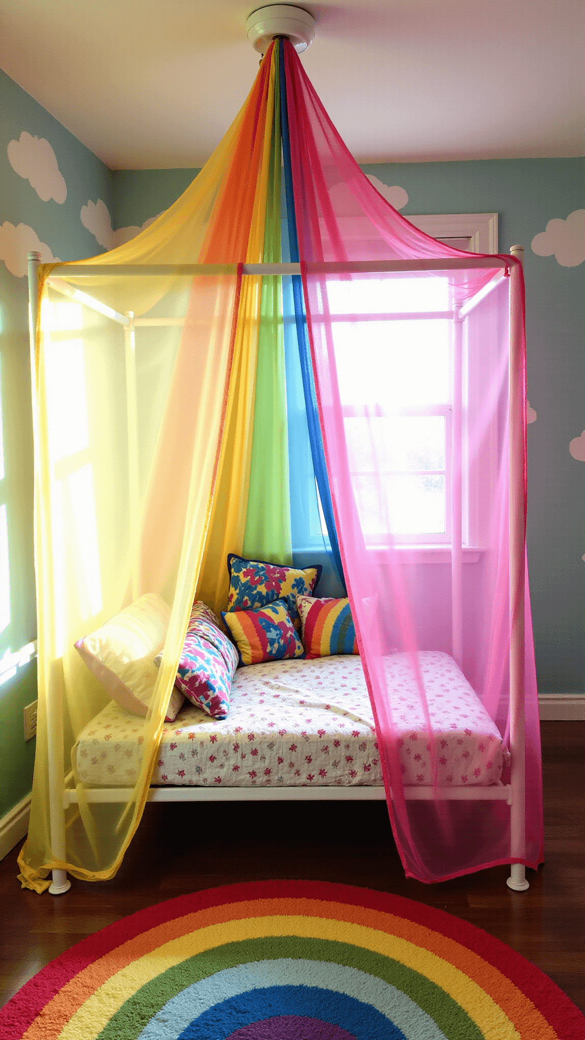 Child's whimsical bedroom with rainbow-draped canopy bed, cloud-painted ceiling, and rainbow rug, bathed in prismatic morning sunlight.