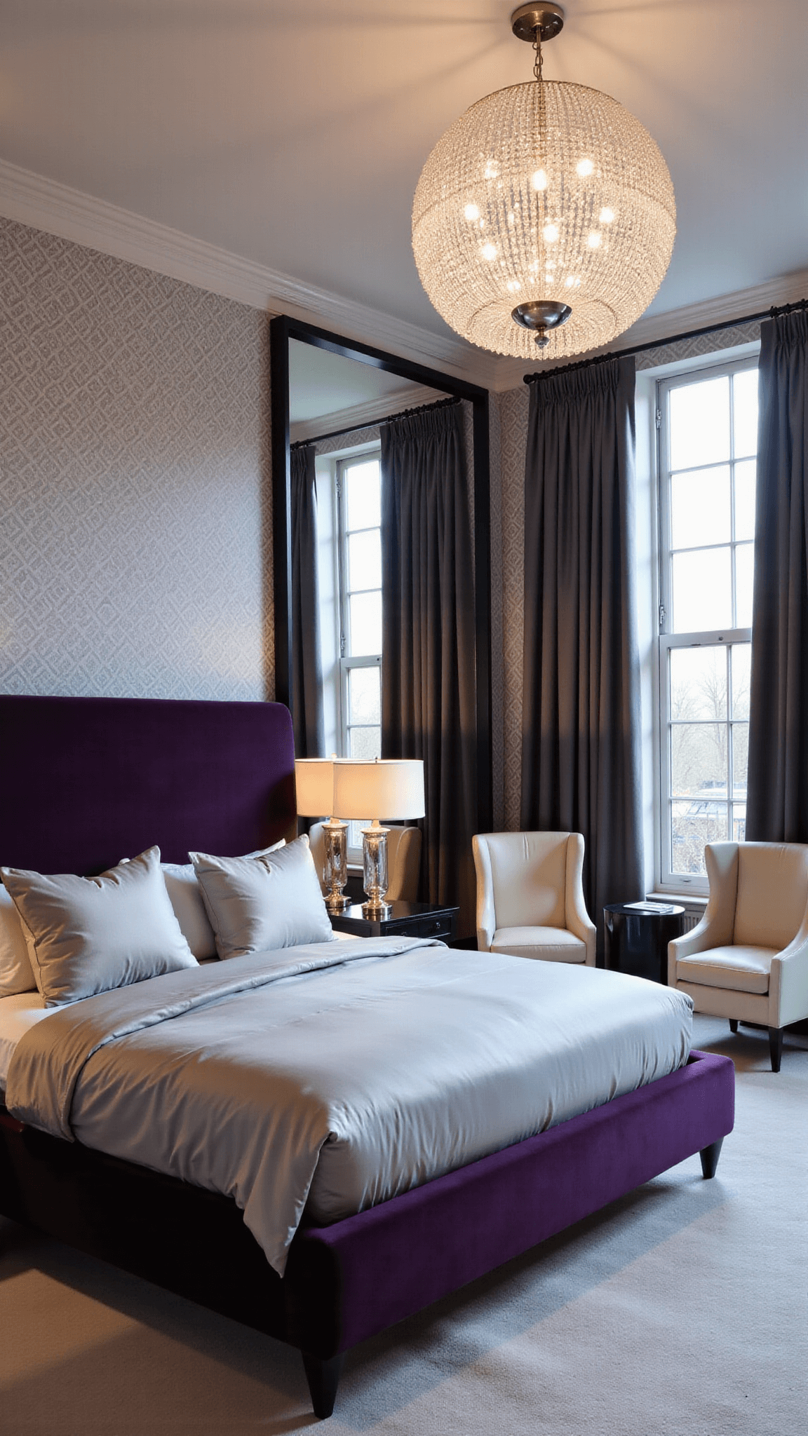 High-angle shot of a luxurious evening bedroom with a floating king bed, crystal chandelier, plush velvet and silk decor, and a seating area by a marble fireplace in warm artificial lighting.