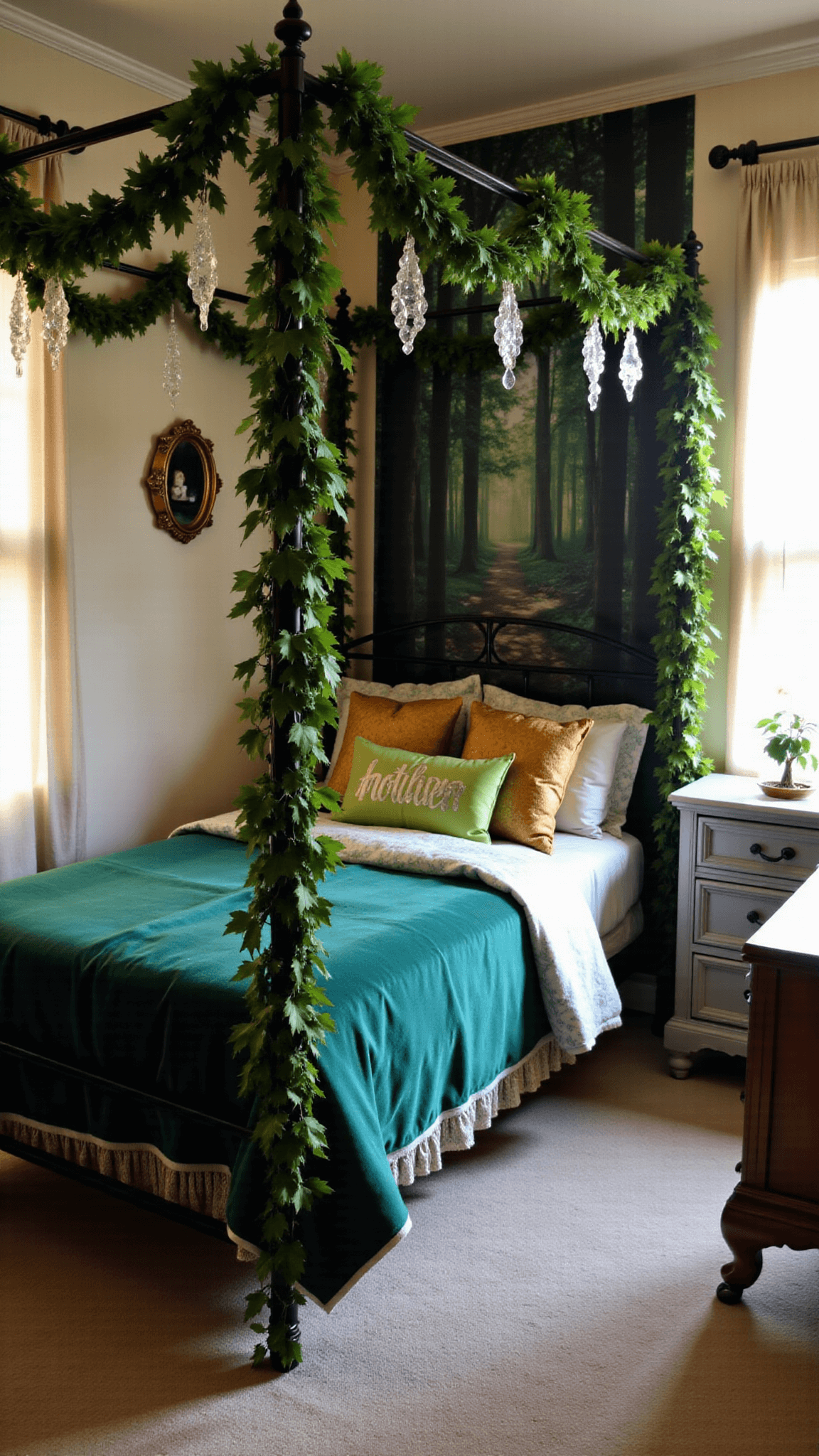 Enchanting forest theme in a child's nook with wrought iron canopy bed adorned with fairy lights and silk ivy, woodland mural, emerald velvet bedding and crystal prisms, with magical afternoon sun shining through gauzy curtains.