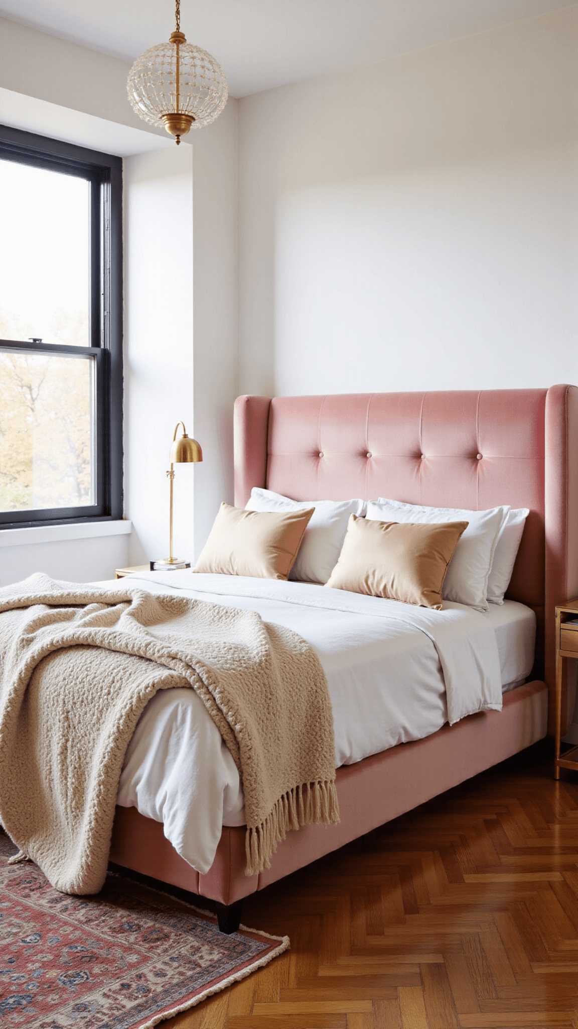 Sunlit contemporary bedroom with blush pink velvet headboard, white walls, herringbone hardwood floors, champagne silk pillows, cream knit throw, vintage Persian rug and brass chandelier