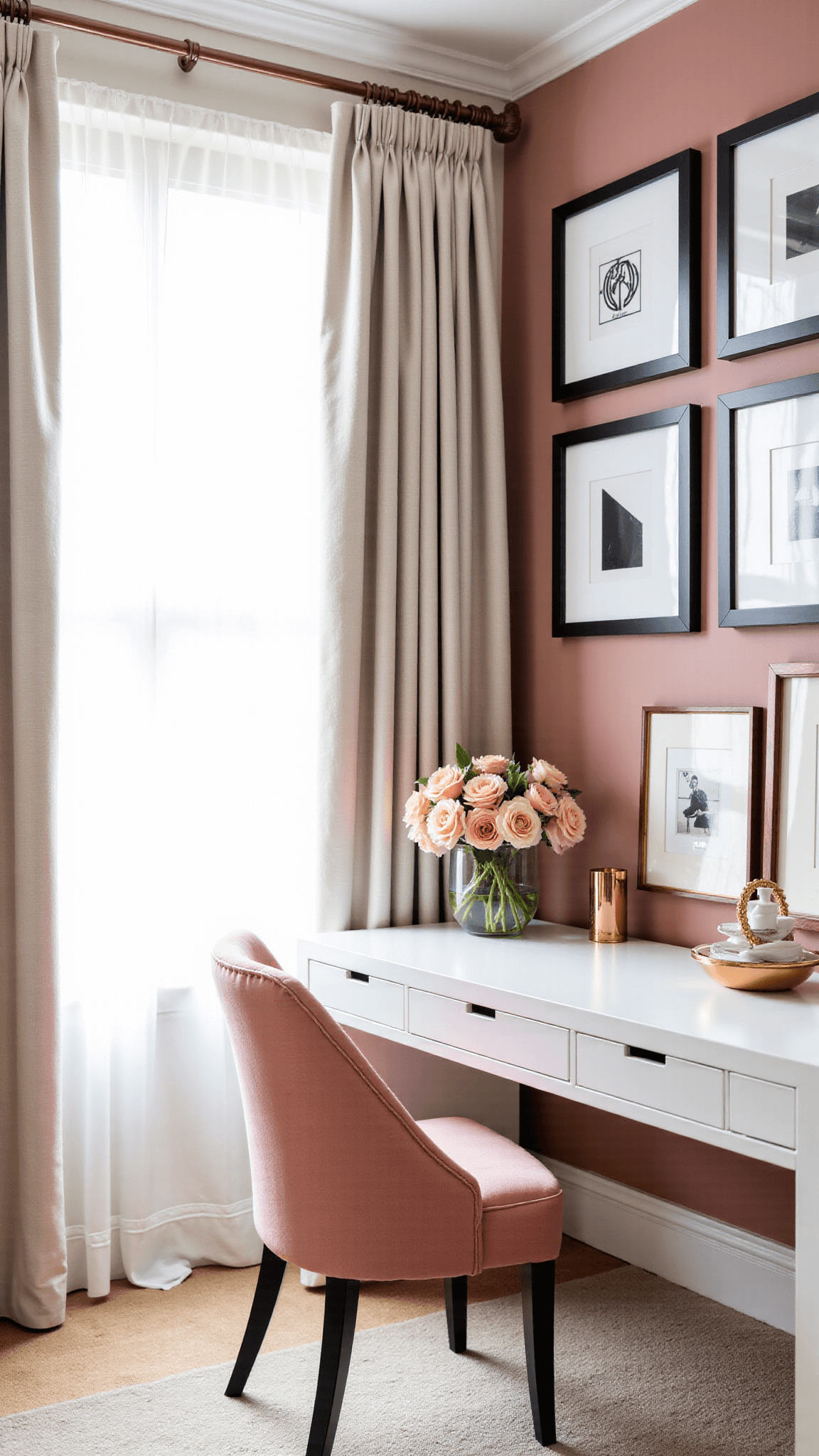 Modern home office with dusty rose accent wall, white built-ins, and morning light filtering through linen curtains onto a white lacquered desk and pink bouclé chair, highlighted by gleaming copper and brass accessories and a geometric arrangement of black and white prints.