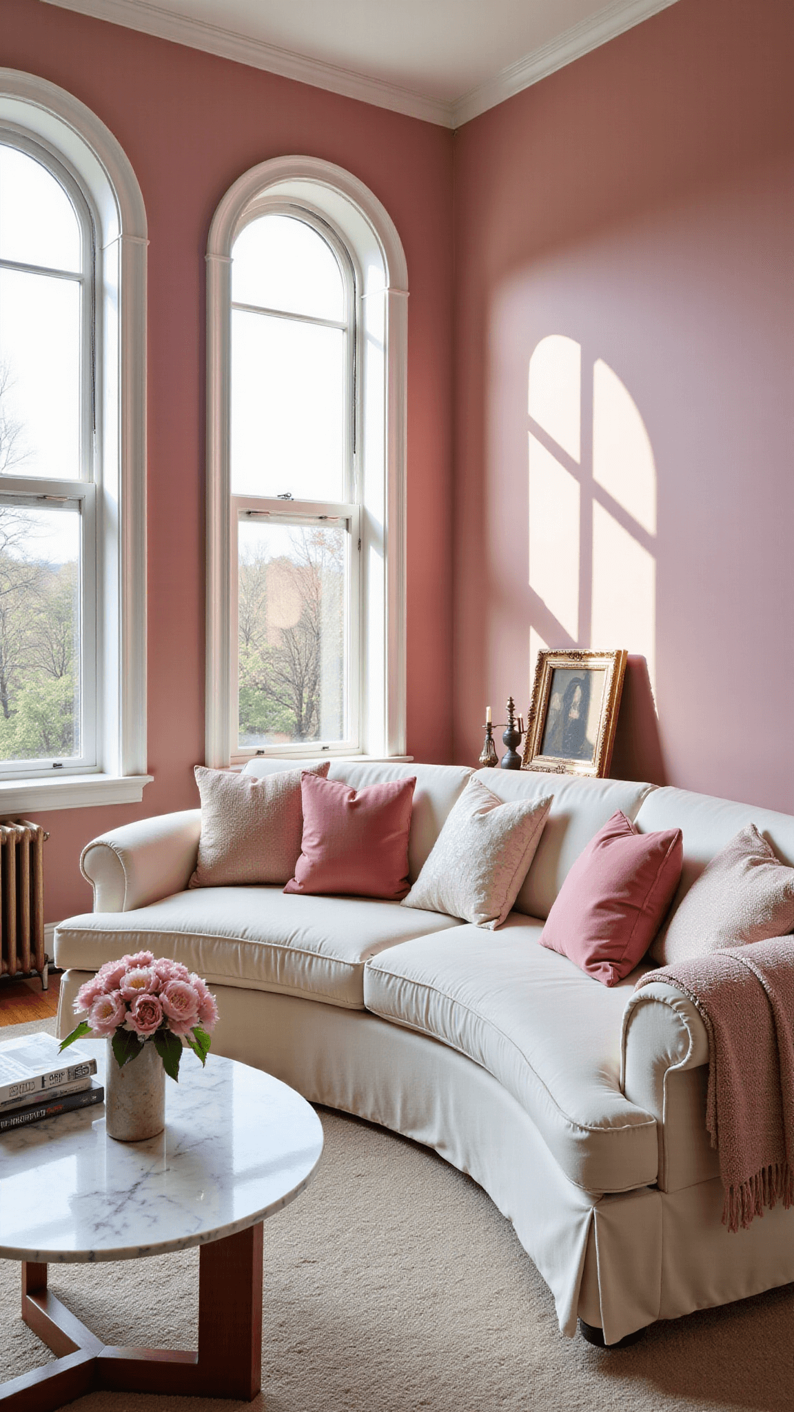 Spacious living room with millennial pink walls, tall arched windows, a curved cream sofa adorned with pink velvet pillows, and a marble coffee table with fresh peonies and art books, lit by late afternoon sunlight and soft bounce fill.