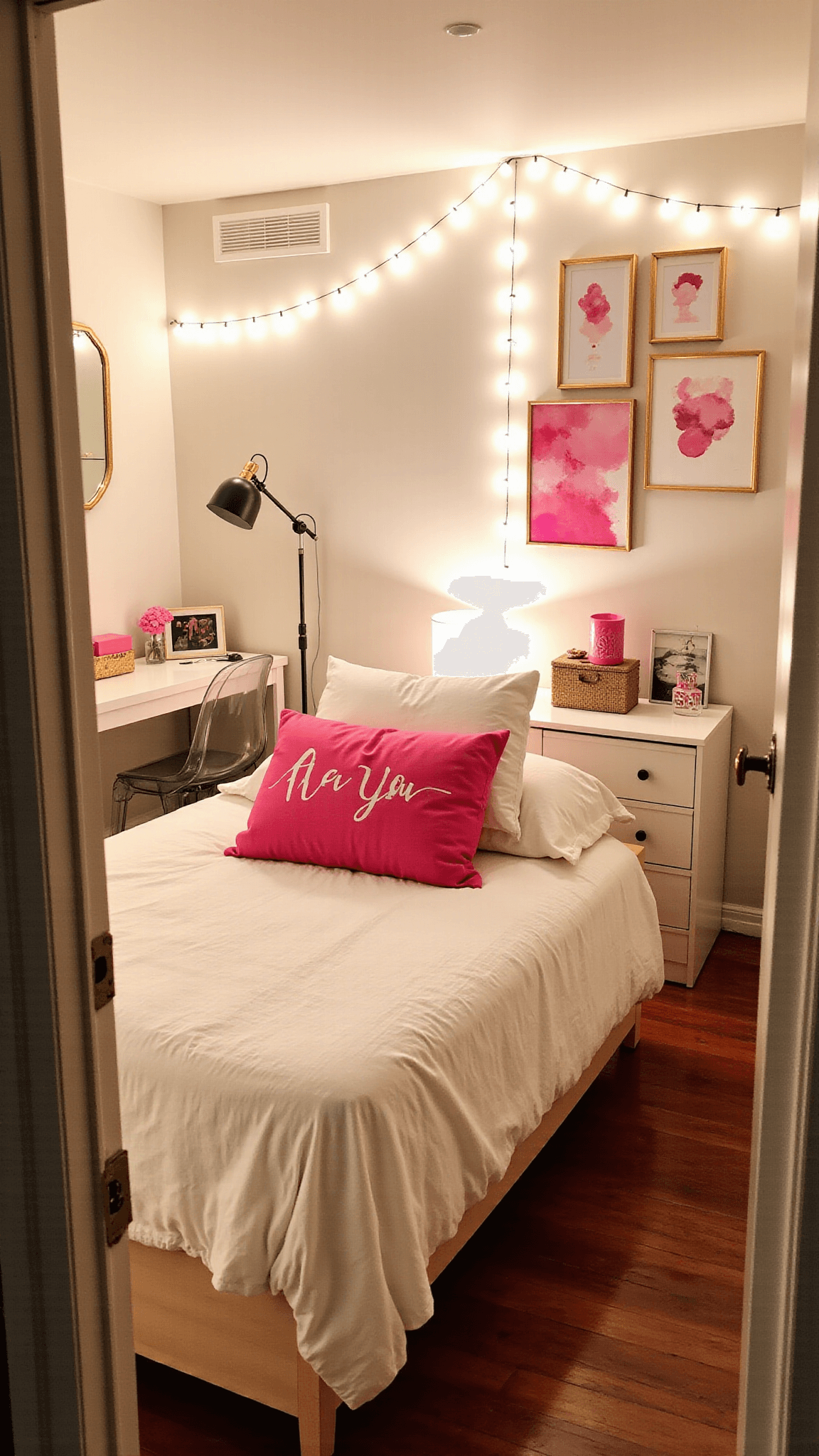 Stylish dorm room with hot pink accents, string lights, a gallery wall, and a white desk setup, shot from doorway height with a warm, intimate depth of field.