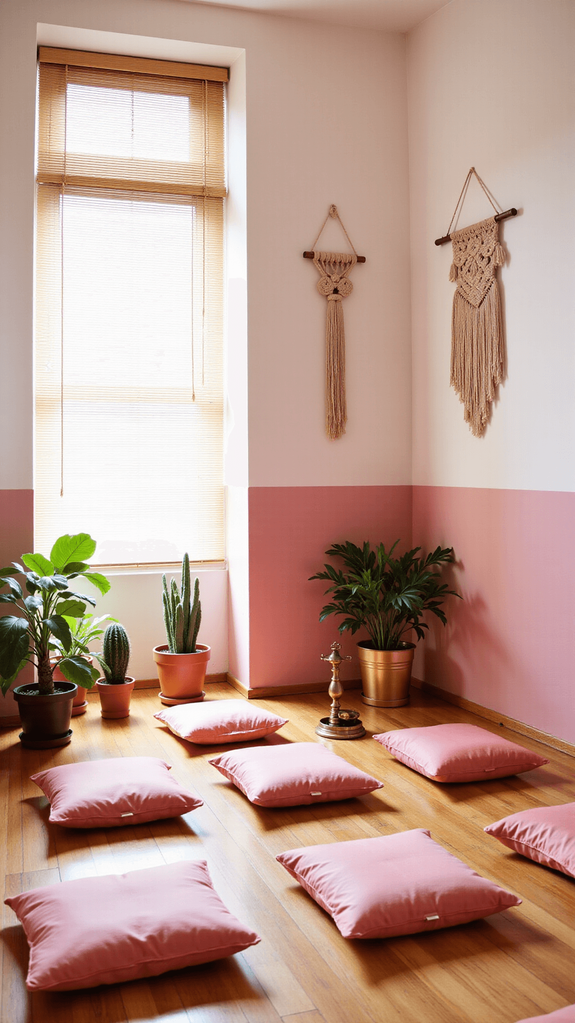 Meditation space with ombré pink-to-white walls, blonde wood floors, low-profile pink floor cushions, a brass incense holder, macramé wall hanging, and potted plants in soft dawn light filtering through bamboo blinds