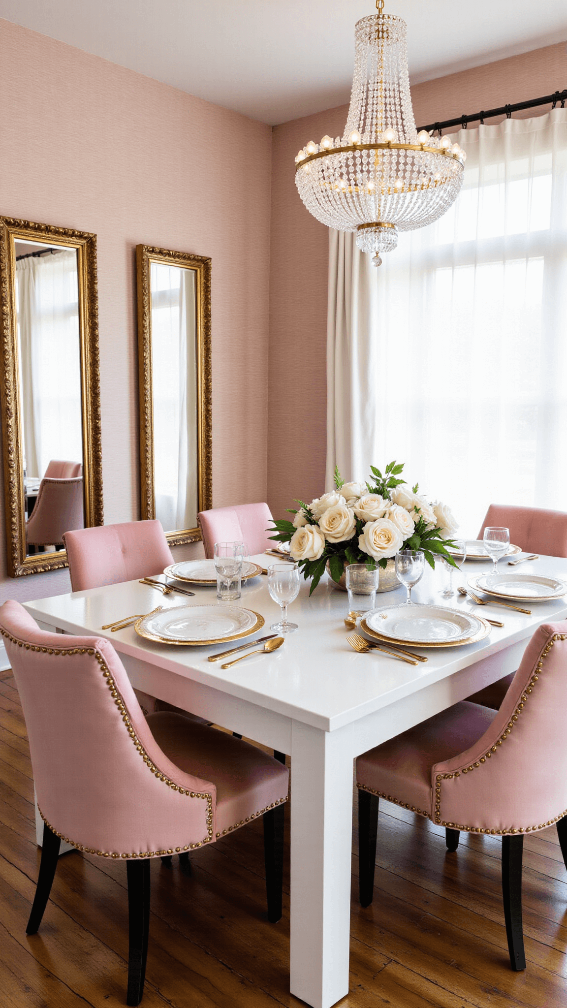 Elegant dining room with pink grasscloth wallpaper, crystal chandelier, mirrored surfaces, brass details, white lacquered dining table with pink velvet chairs and metallic place settings, with fresh roses under golden hour light