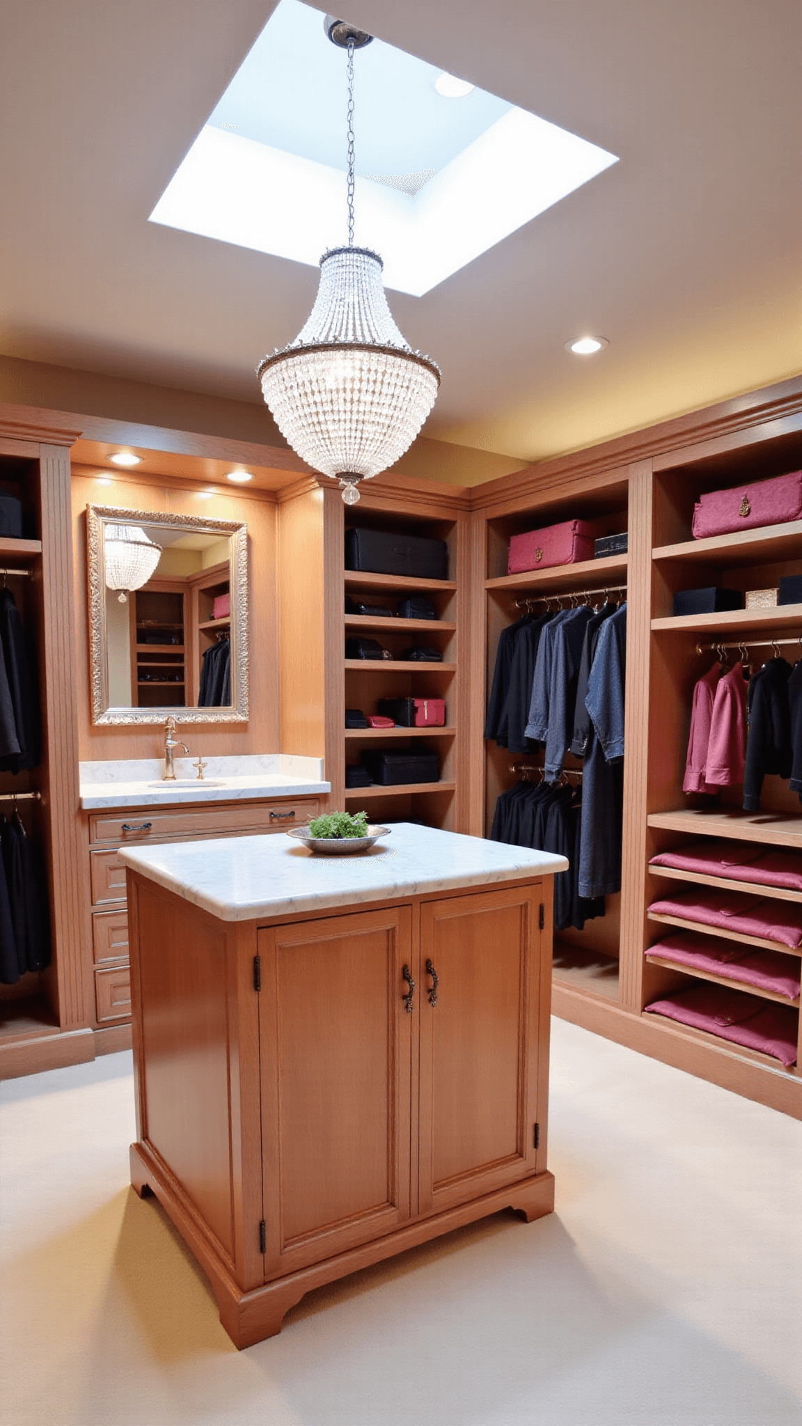 Luxurious walk-in closet with pink-washed oak cabinets and island, glass-front displays, velvet-lined drawers, full-length mirror reflecting skylight, and vintage crystal pendant light