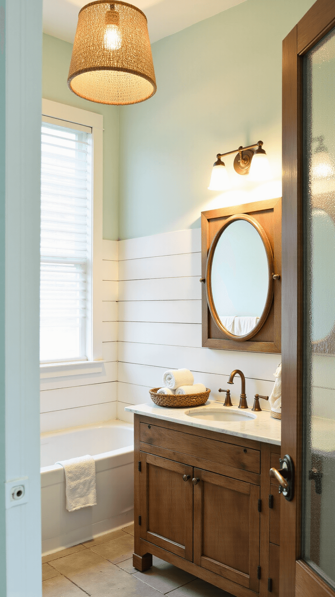 Compact bathroom in coastal style with white shiplap wall, pale aqua walls, rattan pendant light, marble vanity, seagrass basket with towels, oak mirror frame, brass fixtures, and textured glass shower doors during golden hour
