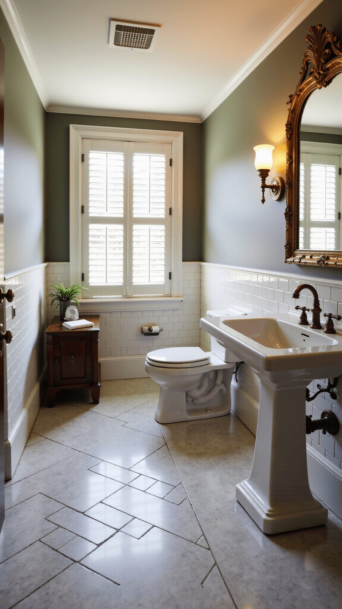 Late afternoon light bathing a traditional elegant bathroom with herringbone marble floor, white subway tiled walls, oil-rubbed bronze fixtures, gilded mirror, and crystal sconces.