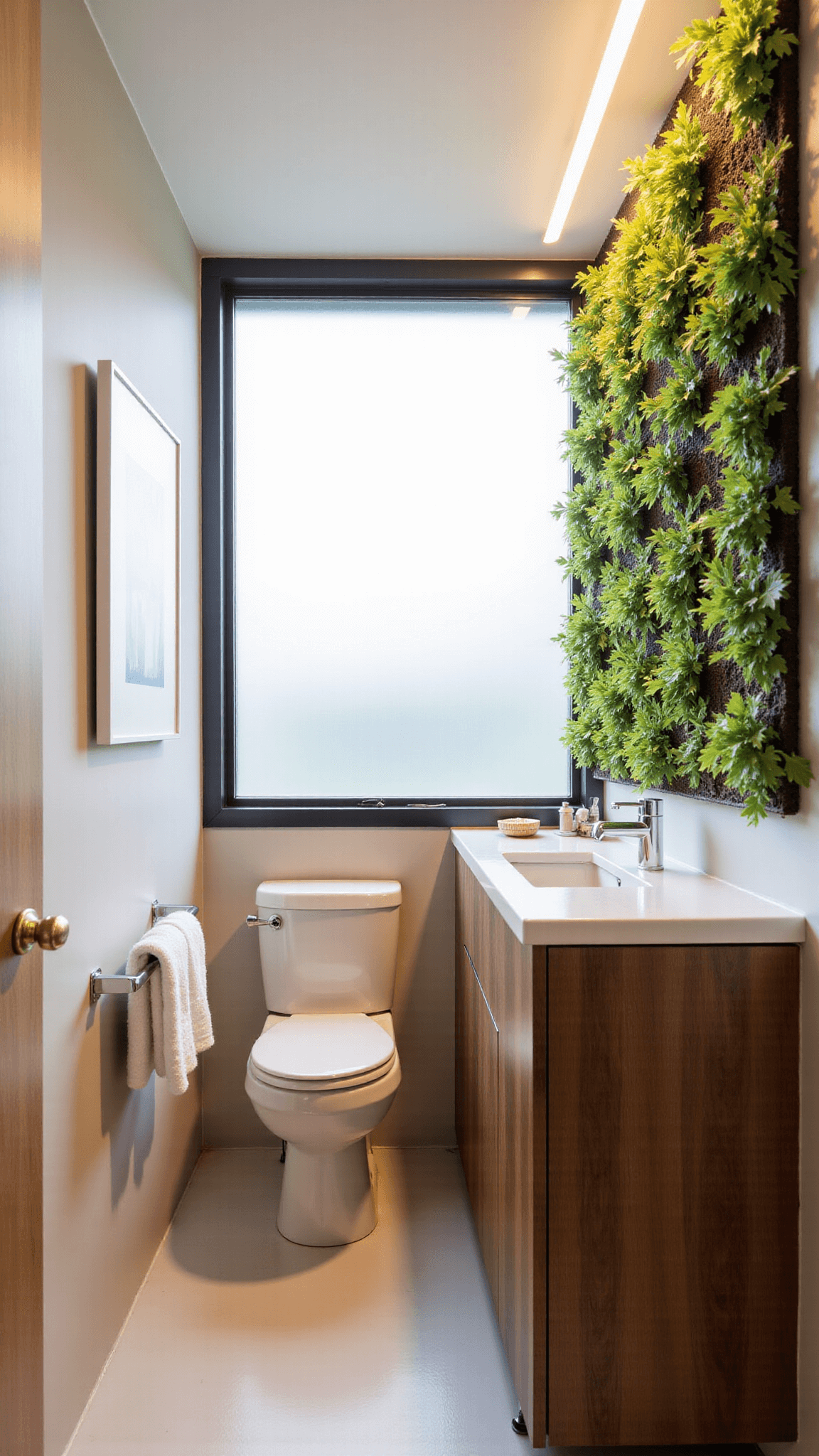 Compact 4x6 foot bathroom, bathed in dawn light streaming through privacy film on the window, highlighting the wall-mounted toilet, floating vanity in warm walnut, large mirror with integrated lighting, vertical garden wall, and strategic towel hooks in polished nickel.