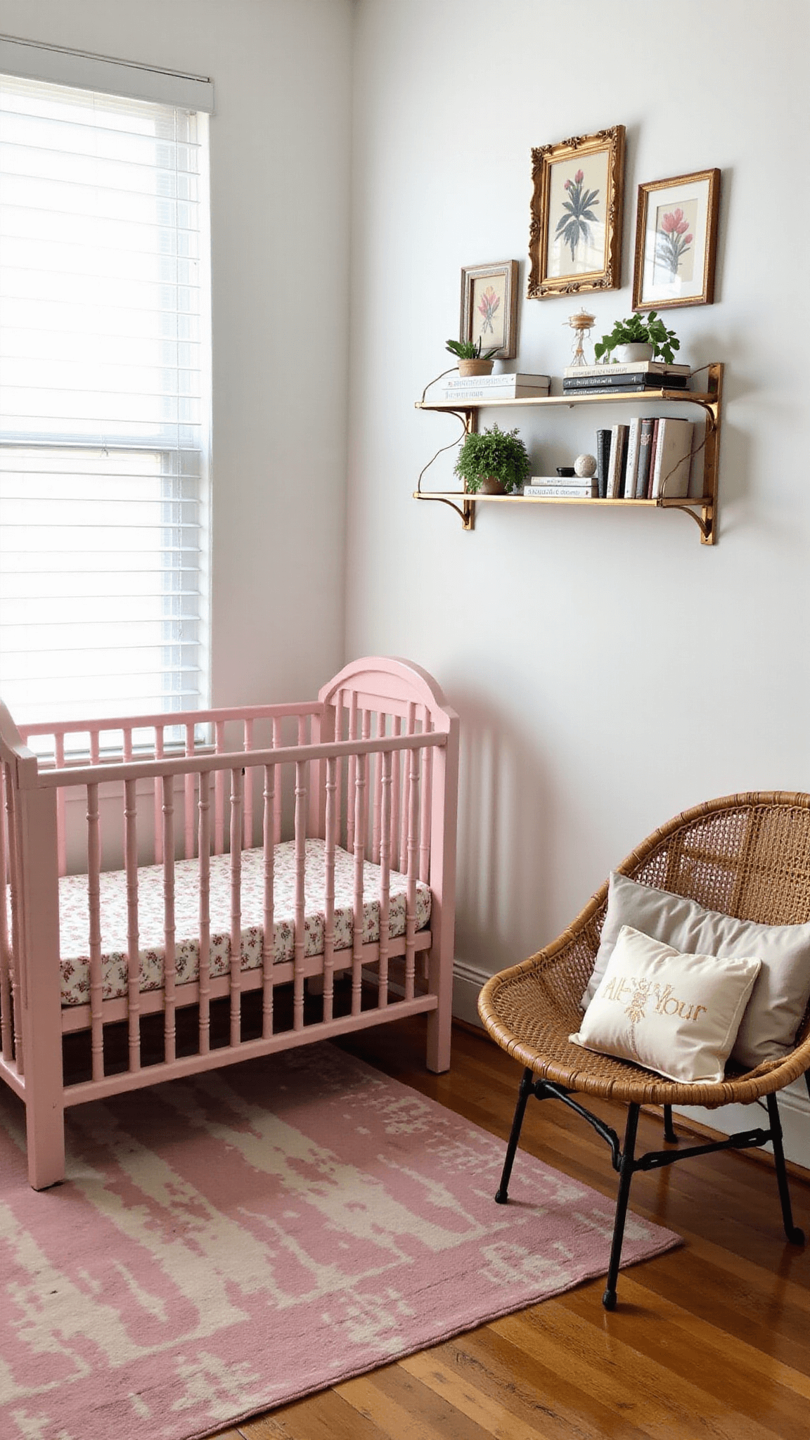 Eclectic nursery with bright light filtering through white wooden blinds, featuring a soft pink vintage crib with Liberty print bedding, a gallery wall of vintage botanical and modern abstract art, a muted rose Persian rug, a brass étagère with vintage books, and a rattan peacock chair.