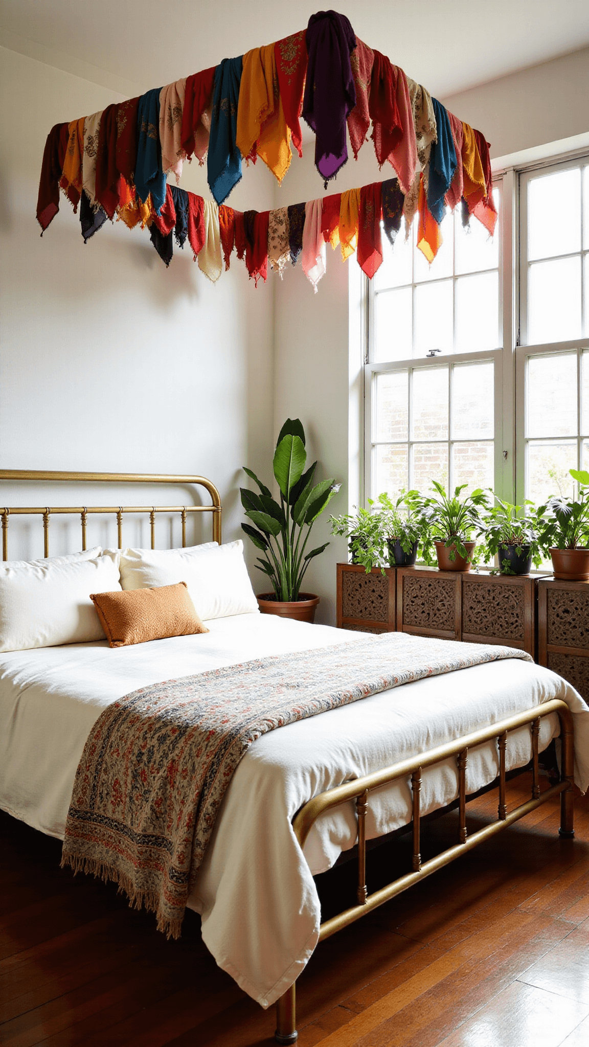 Sun-drenched corner bedroom with rainbow silk scarf canopy, brass bed with cream linens, surrounded by potted palms and hanging ferns, with wooden screens and morning light highlighting botanical elements.