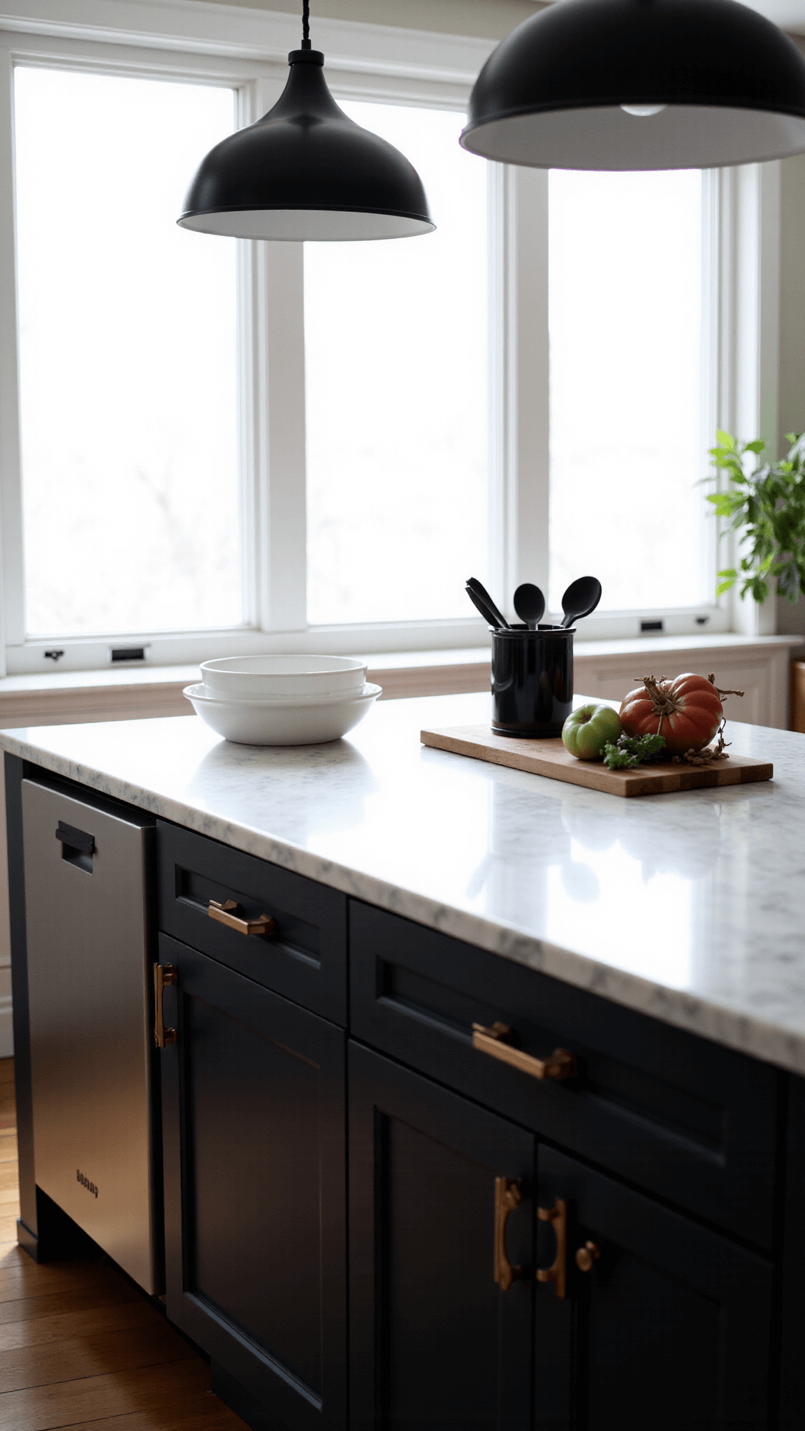 Picturesque kitchen setting bathed in soft natural light featuring a white marble island workspace, black pendant lights, and carefully arranged white ceramic bowls, fresh produce, and black utensil holder.