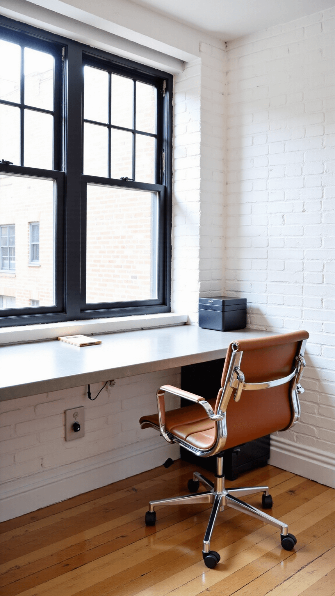 Bright, spacious 300 sq ft home office with white brick walls, black steel-framed windows, concrete floating desk, cognac leather Eames chair, smart lighting system and minimalist brushed aluminum tech accessories, emphasizing clean lines and a cable-free aesthetic.