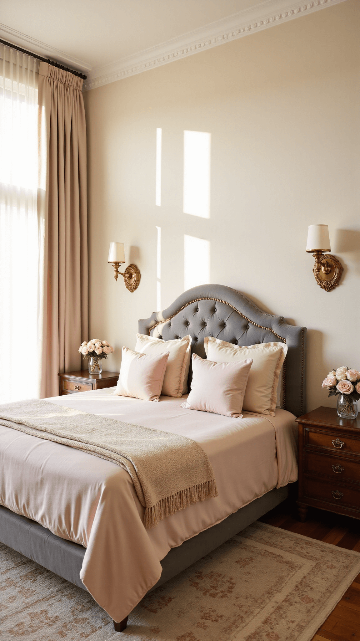Elegant master bedroom bathed in golden hour sunlight, featuring a king-size bed with blush pink silk bedding, vintage brass sconces, antiqued nightstands, fresh roses in crystal vases, and a plush Moroccan rug on herringbone hardwood floor.