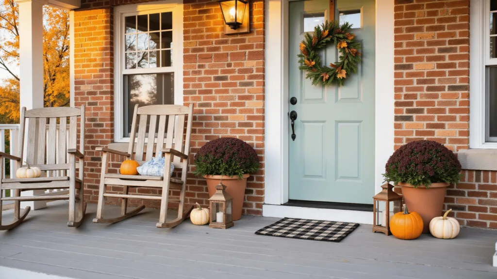 "Charming farmhouse porch decorated in autumnal colors featuring rocking chairs, lanterns, pumpkins, magnolia wreath and terracotta pots with mums at golden hour."
