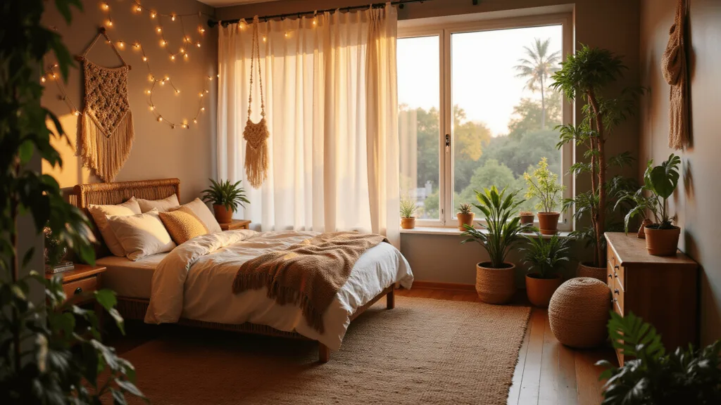 "Bohemian bedroom with curtain lights, rattan bed, layered rugs, and potted plants in warm sunlight"