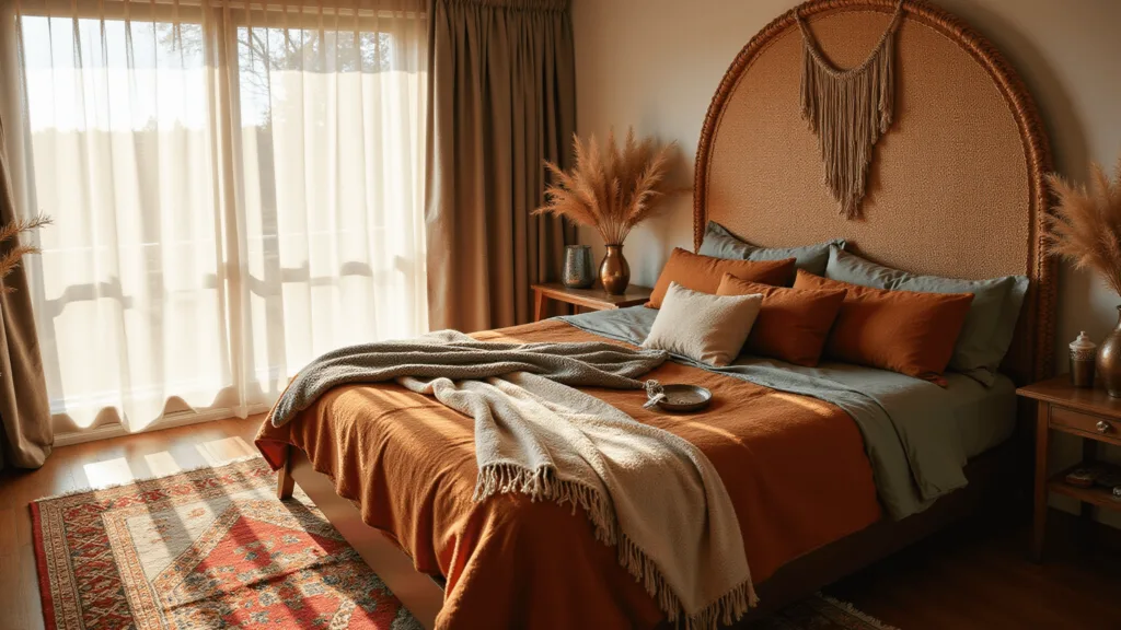 Boho bedroom with earth-toned linens, rattan headboard with macramé, Moroccan rugs, and pampas grass decor in golden hour sunlight.