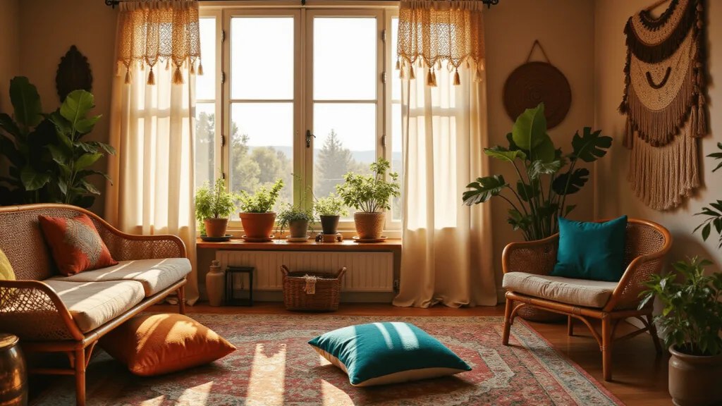 "Bohemian style living room with macramé curtains, rattan furniture, Moroccan cushions and trailing plants under golden hour sunlight"