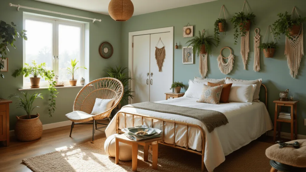 "Serene boho bedroom with sage green walls, vintage brass bed, rattan chair, macramé hangings, and hanging plants bathed in morning sunlight"