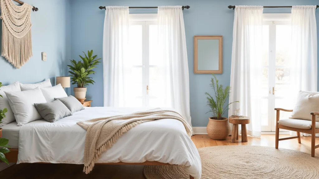 "Light blue boho bedroom interior featuring macrame wall hanging, vintage brass bed, white linens, cream knit throw, potted plants, a jute rug, and natural sunlight streaming through sheer curtains creating a dreamy atmosphere"