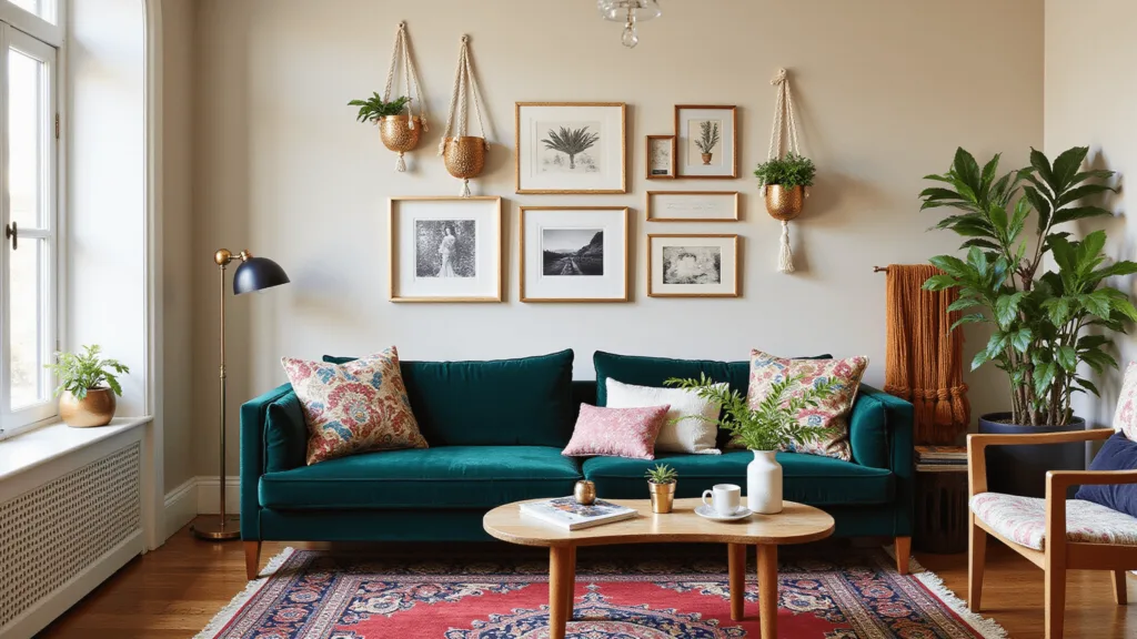 "Boho-maximalist inspired living room with emerald velvet sofa, Persian rug, gallery wall, hanging planters, and vintage books bathed in warm natural light."