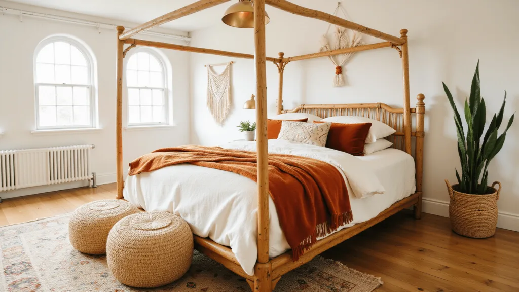 "Sunlit bohemian bedroom with rattan bed, layered linens, antique Turkish rug and potted monstera under a brass pendant light"