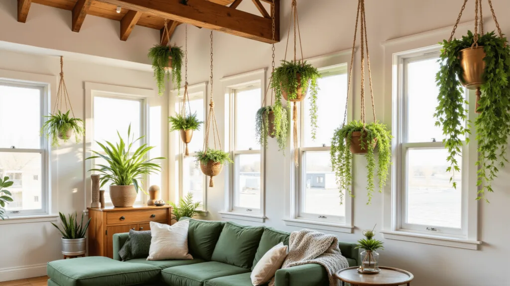 "Sunlit boho living room with high ceilings, hanging plants like pothos and Boston ferns, and a green mid-century modern sectional."