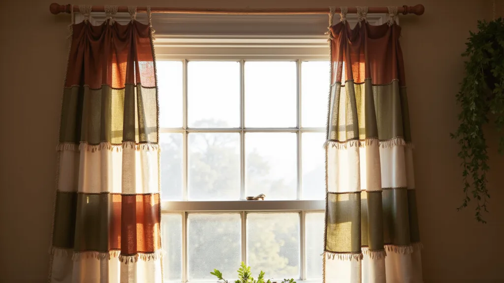 "Sunlit bohemian kitchen with terracotta and sage green macrame curtains, trailing plants, and warm shadows"