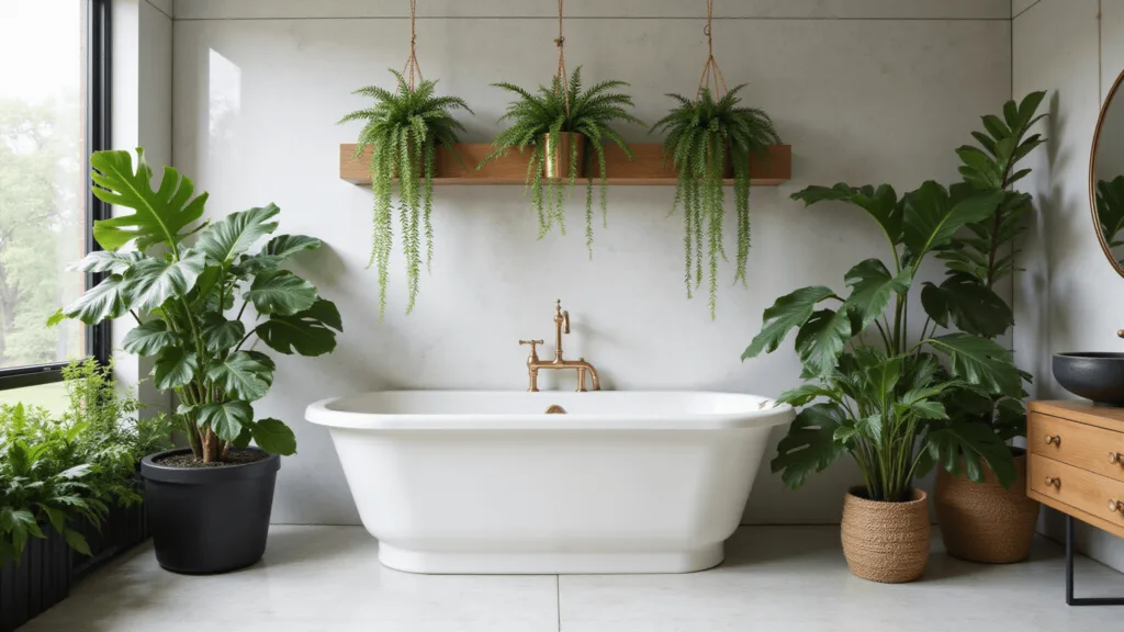 "Luxurious spa-style bathroom with marble tiles, a white tub, brass fixtures, and an assortment of lush plants including Monstera Deliciosa, Boston ferns, and trailing philodendrons in a steamy atmosphere"