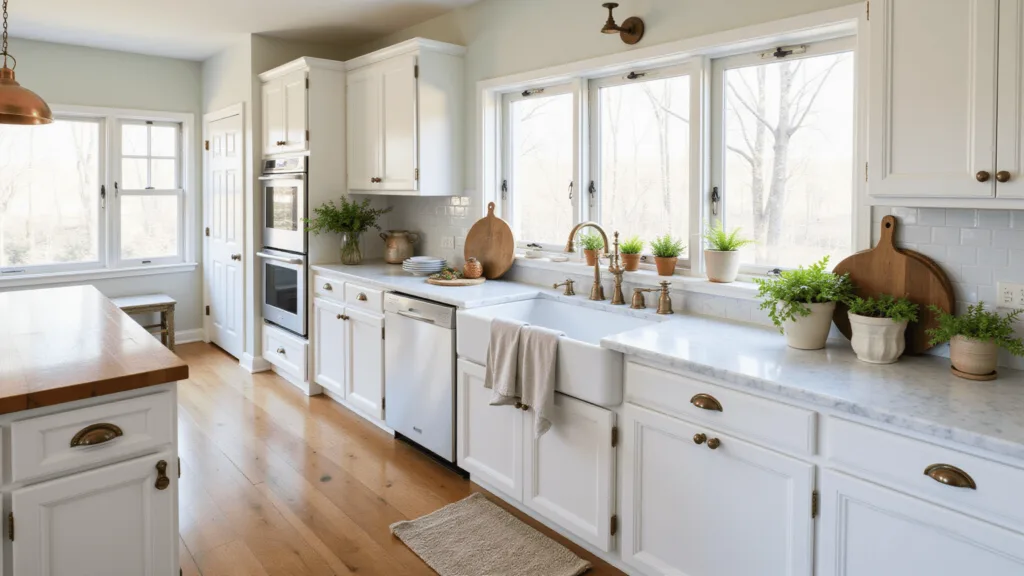 "Sunny farmhouse kitchen with white walls, marble countertops, vintage copper accents and oak flooring"