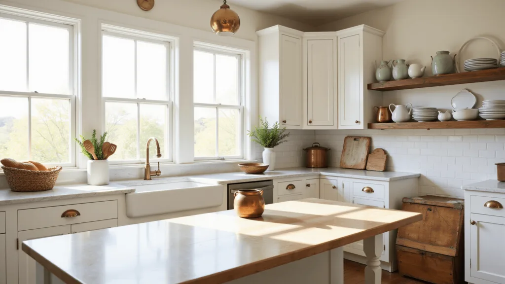 "Sunlit farmhouse kitchen with white Shaker cabinets, brass hardware, and a butcher block island, adorned with vintage utensils and fresh herbs"