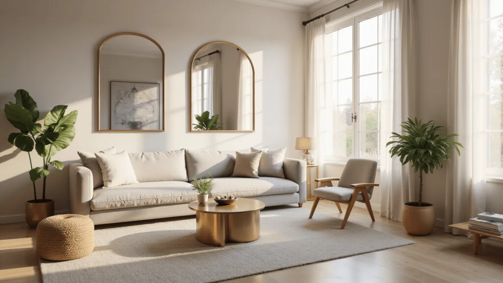 "Bright and airy living room with natural light, mirrors, and neutral palette featuring gray sectional sofa, brass accents, and fiddle leaf fig plant."