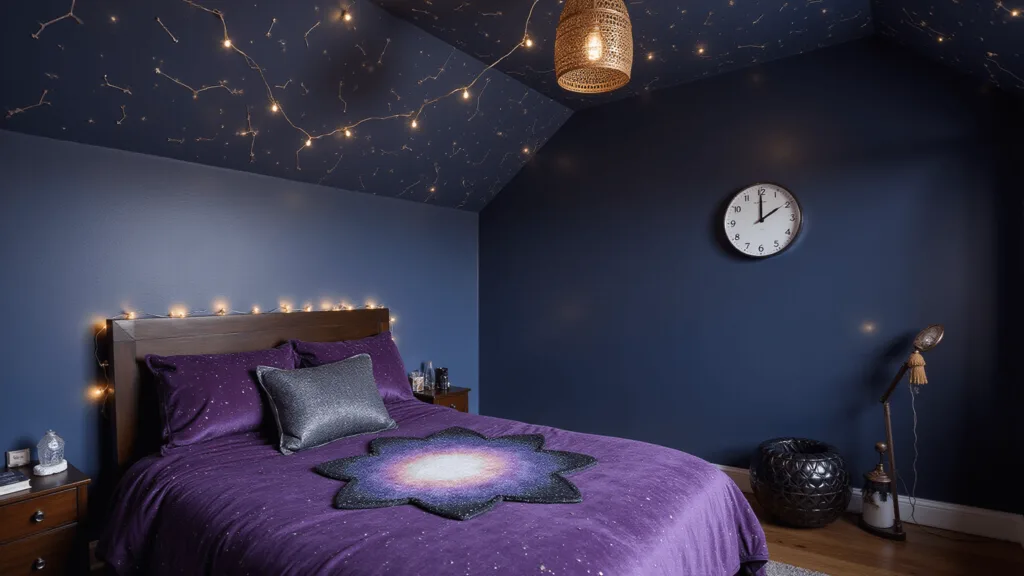 "A serene twilight bedroom with navy walls featuring constellation patterns, LED starlight strings, velvet galaxy-print bedding, and celestial decorations creating a dreamy cosmic atmosphere"