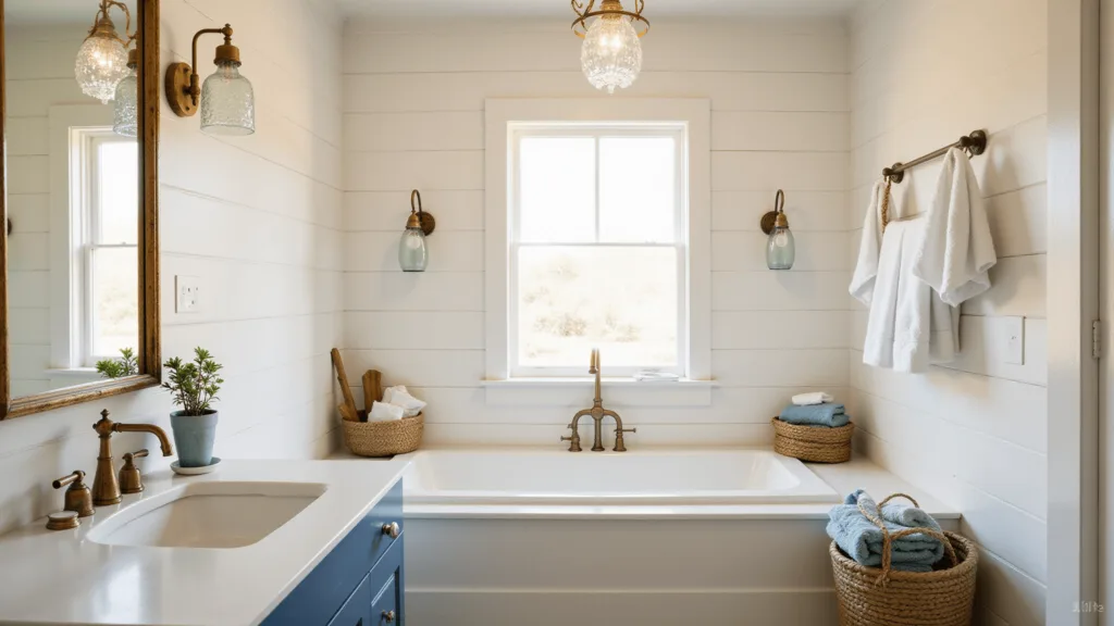 "Coastal bathroom with brass fixtures, sea glass lighting, shiplap walls, and nautical decor bathed in golden light"
