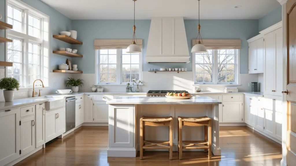 "Sunlit coastal kitchen with white cabinets, blue walls, marble island, rattan stools, weathered oak flooring and artisanal ceramics during golden hour"