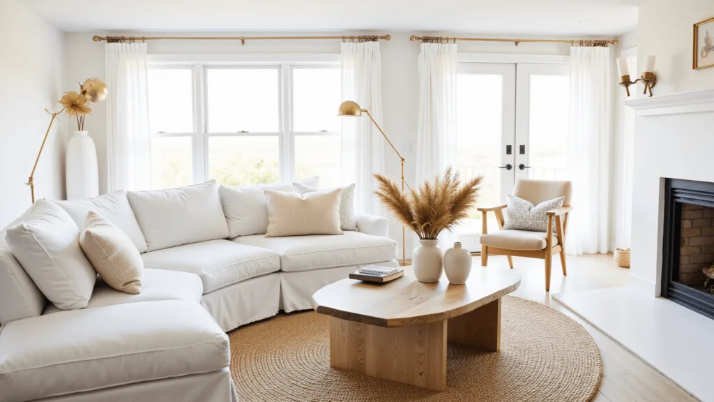"Coastal modern living room with white linen sectional, bleached oak furniture and beach accents in a clean, bright setting"
