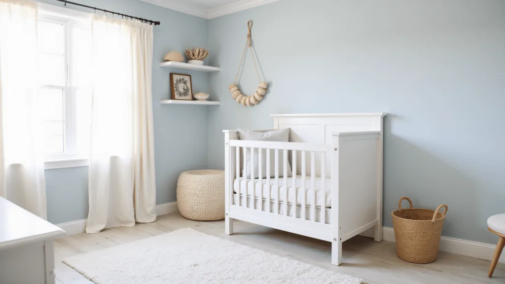 "Coastal nursery with a white crib, blue-grey walls, oak floors, ivory rug, rattan accents, and beach-inspired decor"