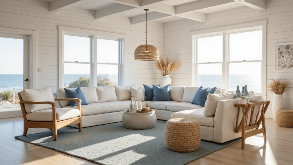 "Sunlit coastal living room with white shiplap walls, blue and ivory furnishings, and minimal ocean-themed accents"