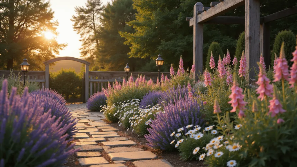 "Cottage garden at sunset featuring lavender, roses, daisies, and foxgloves along a stone path with vintage lanterns and a wooden arch"