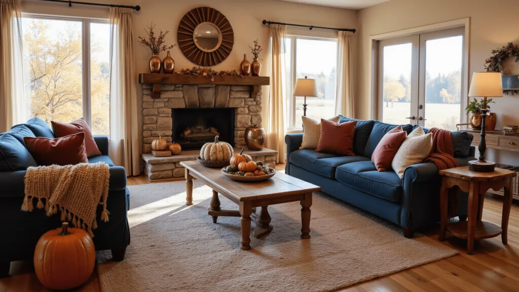 "Cozy fall living room with a navy velvet sofa, autumn decorations, stone fireplace, and warm ambient lighting"